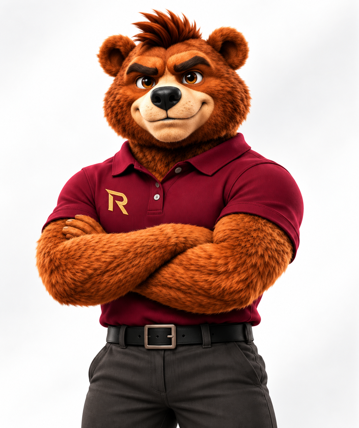 Rocco with arms crossed, showing his burgundy ROJAS polo and gold R